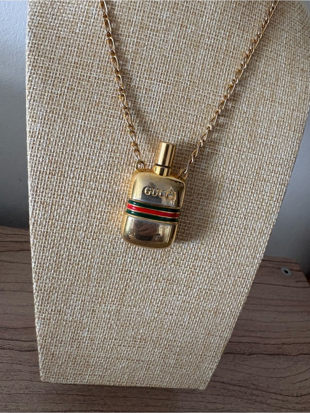 Vintage Gucci Gold-Tone Perfume Bottle Necklace with Green and Red Stripes